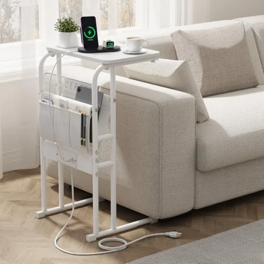 

C-Shaped End Table with Charging Station and Storage Bag, Slide Under Couch Sofa Side Table, Metal Frame for Living Room, Bedro