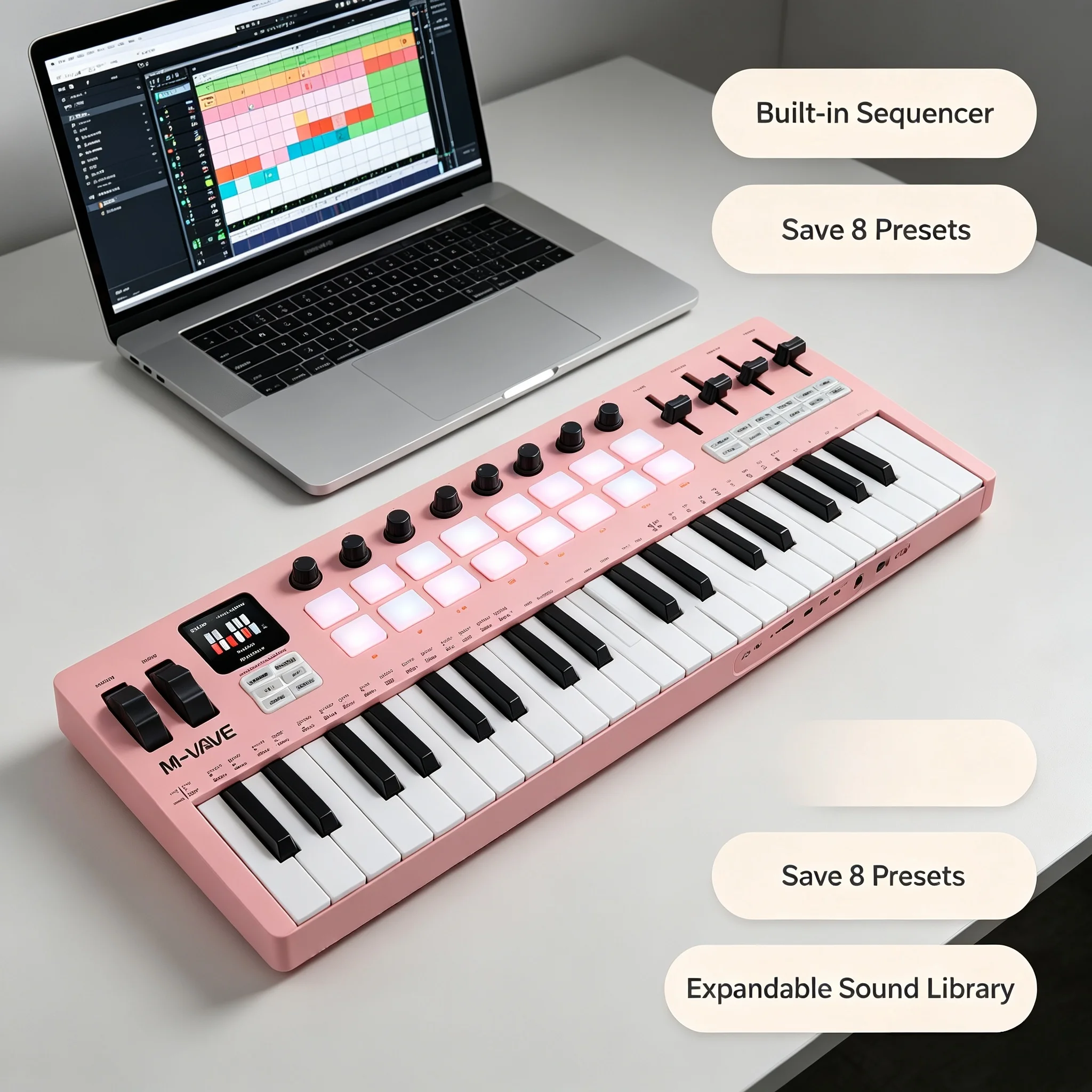 M-VAVE SMK-37 PRO 37-Key Portable MIDI Keyboard 16 RGB Pads 8 Knobs DX-7 FM Engine Bluetooth 5.0