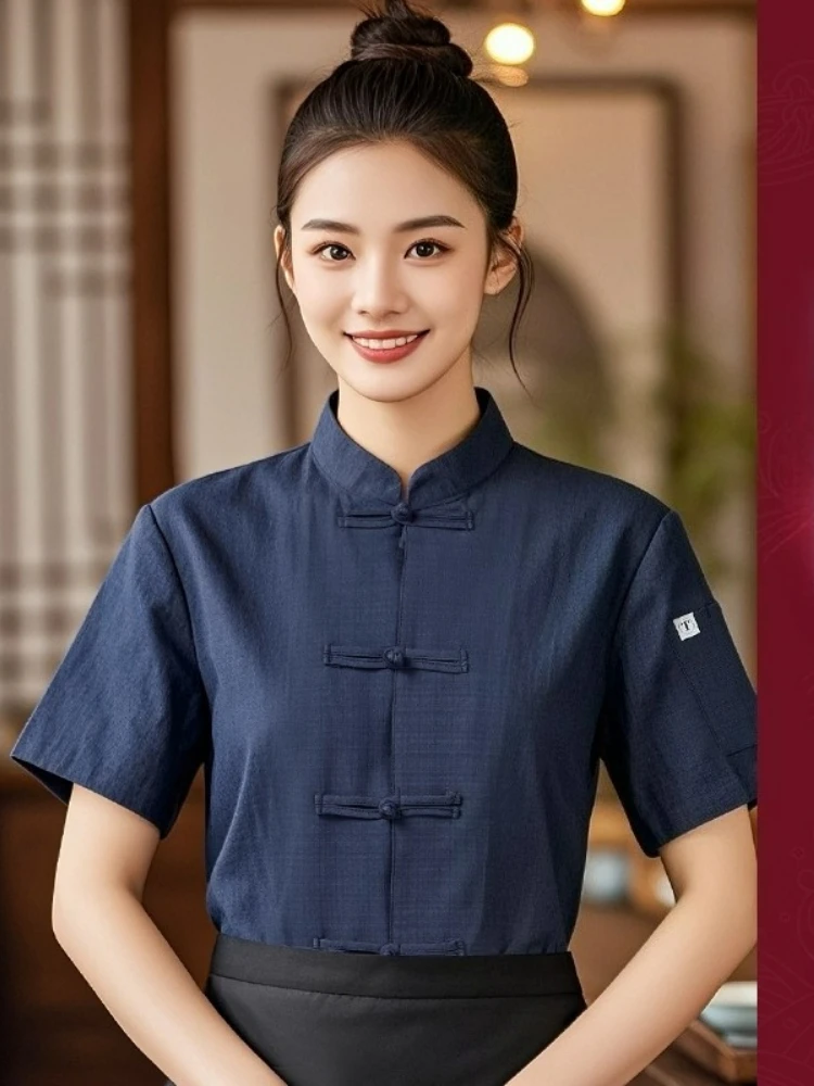 Giacca da cuoco a maniche corte uniforme da cuoco in lino da donna Catering Ristorante Cameriera Abbigliamento Abbigliamento da cucina dell'hotel
