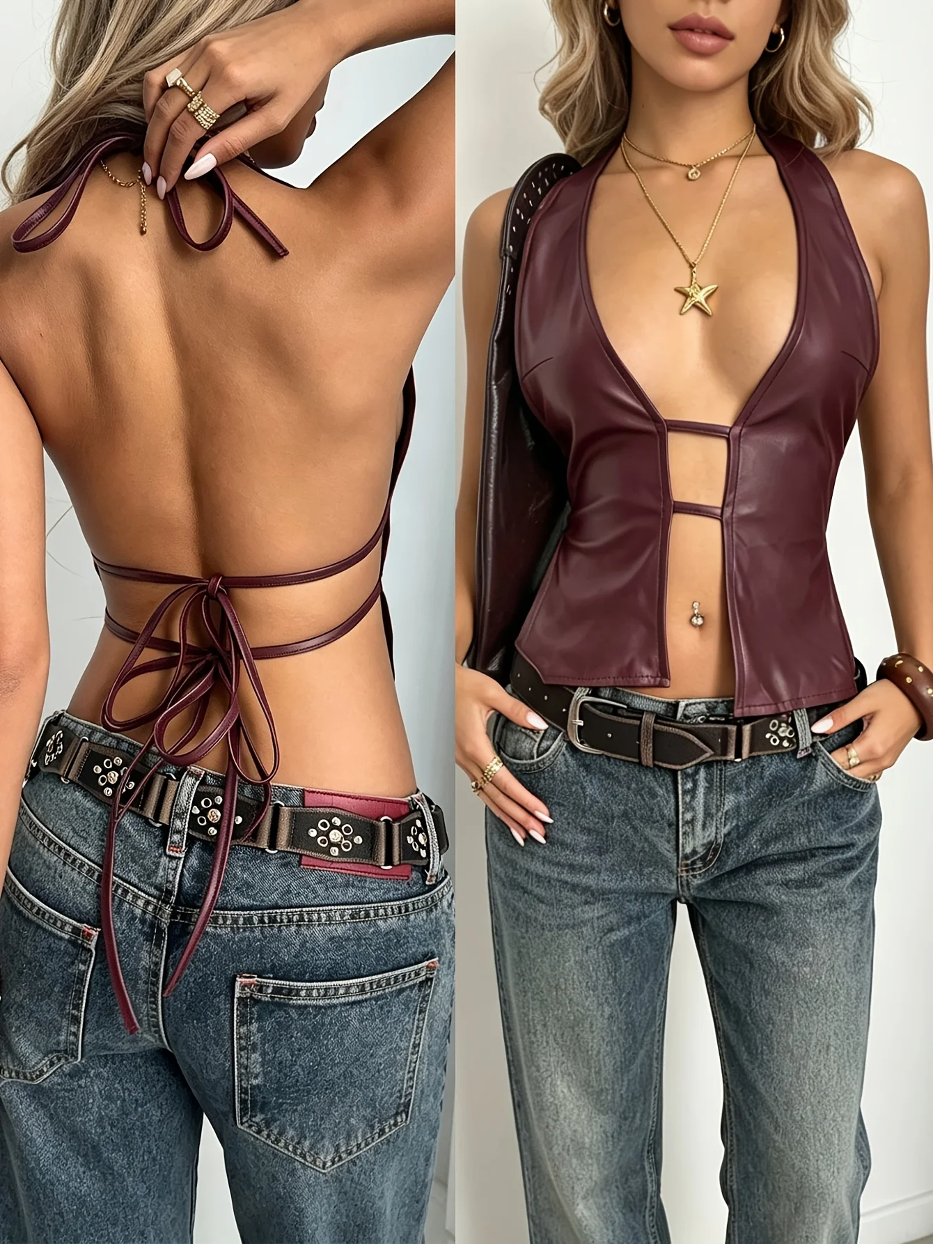 Women's Strapless Tank Top, Open-Back Design, Solid Color, Minimalist Style, Date Night Outfit, PU Leather, Cutout Design