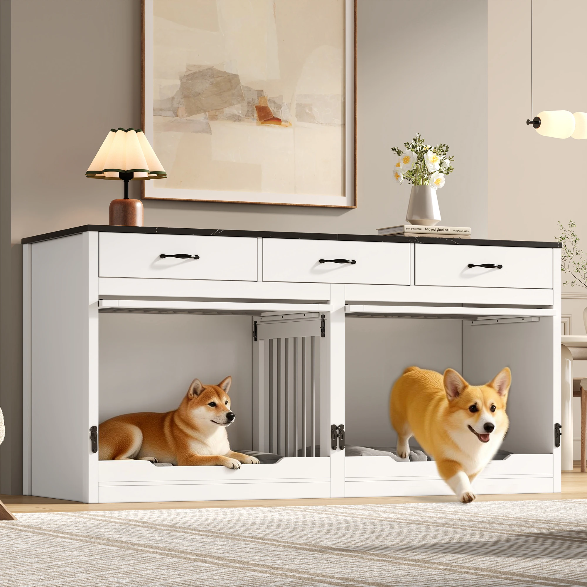 Cage pour chien extra large en bois et métal pour 2 chiens, verrouillable, séparateur amovible, 3 tiroirs, blanc et noir, 164×60×81 cm