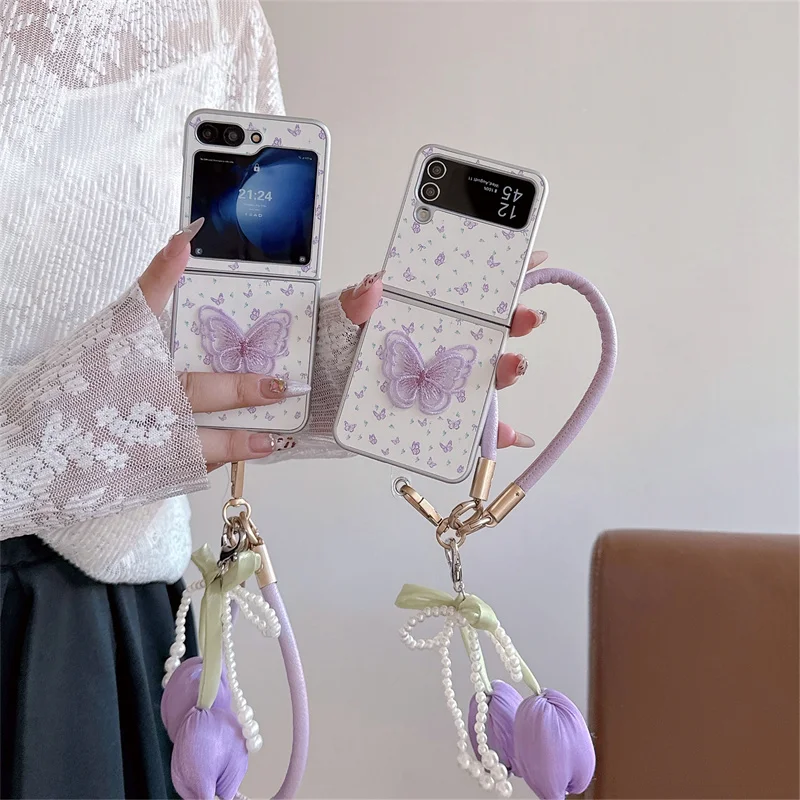 

Butterfly Phone Case with Cute Chain Leather Cases for Samsung Galaxy Z Flip Fashion Protective Cover for Z Flip3 Flip5 Flip6 5G