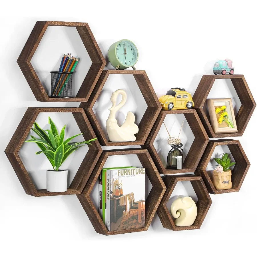 

Hexagon Floating Shelves Set of 8 Wood Hexagonal Shelves Brown Wall Decor and Storage Racks for Living Room Floating Honeycomb