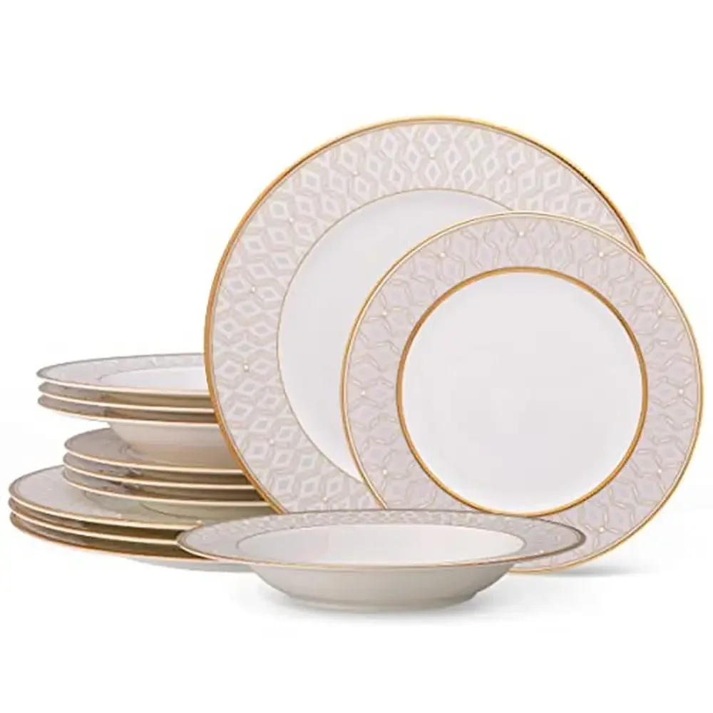

12-Piece Bone China Dinnerware Set Service 4 Cream/White Gold Band Accent Elegant and Versatile All Occasions Dishwasher Safe