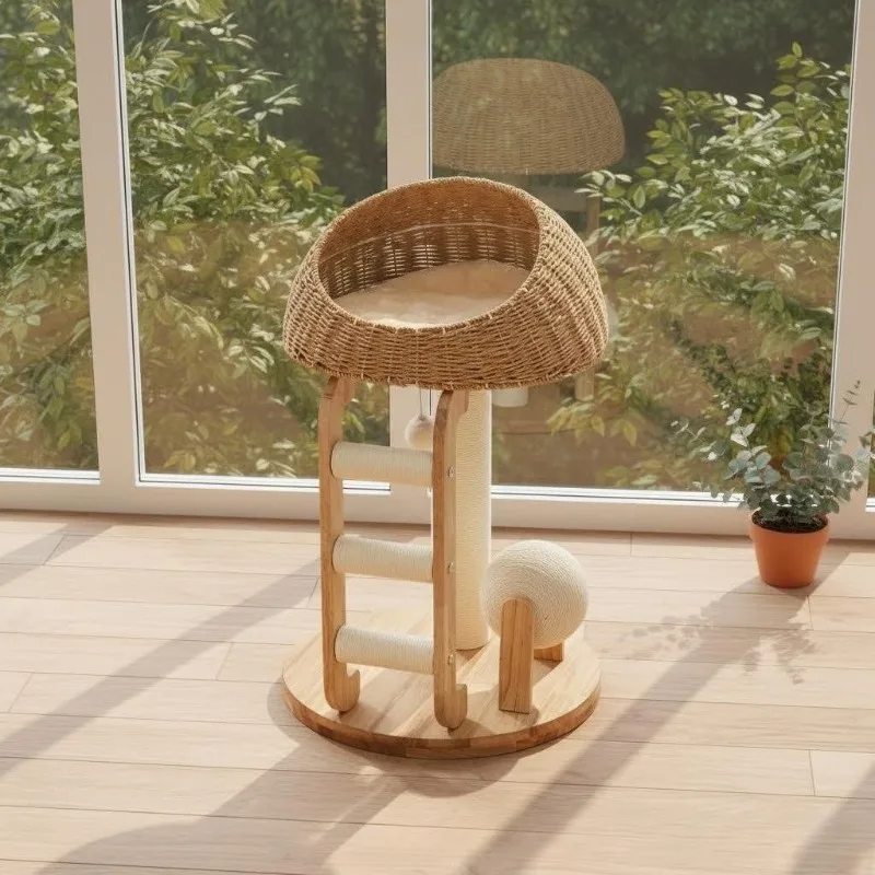 Solid Wood Rattan Woven Cat Tree All-in-one Cat Tower Sisal Cat Scratching Post Space Saving Easy to Clean for Indoor Cats
