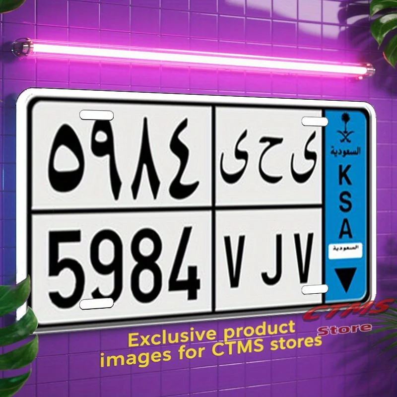 JTT Vintage Arabic License Plate Cover - White Background with Black  & Blue Stripe, Matte Finish Car Decoration, Fit License P