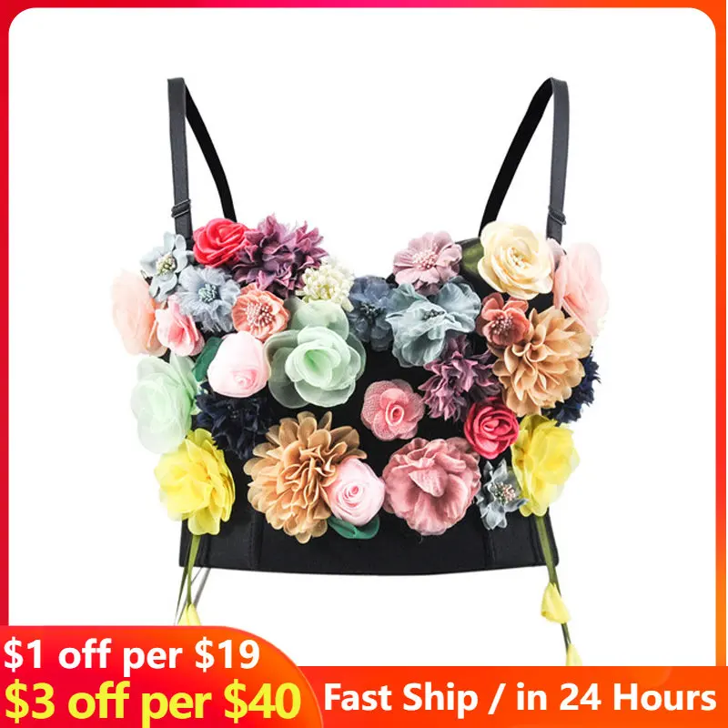 

Celebrity New Flower Crop Top Trend Color Matching Bra Short Soft Fairy Multi-color Sling Joker Wrapped Vest Womens Tops Wedding