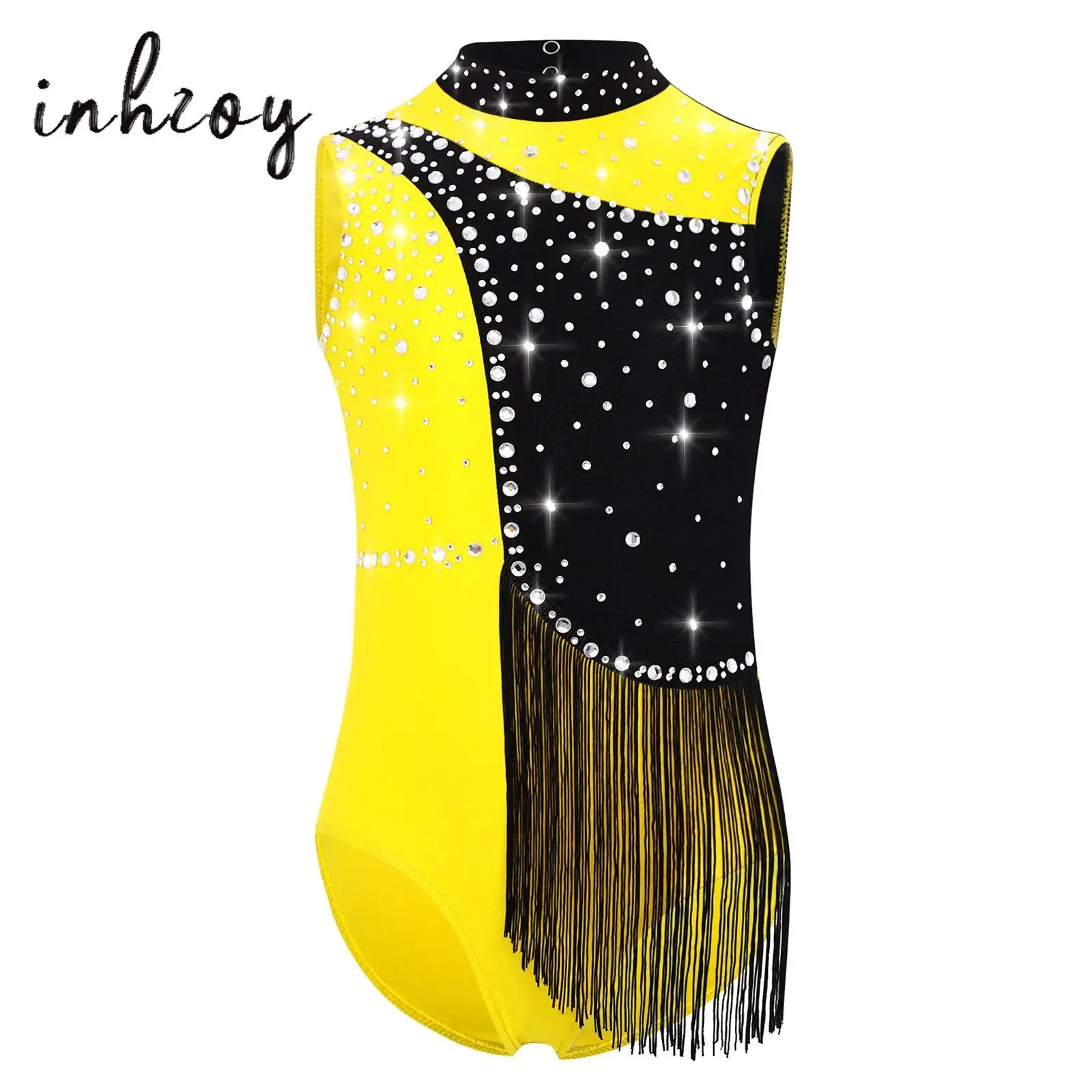 

Kids Girls Gymnastics Leotard Mock Neck Sleeveless Shiny Rhinestones Tassels Ballet Dance Bodysuit for Dance Figure Skating Show