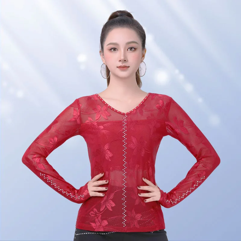 

Three-step Top New Mesh Lined Jacquard Latin Dance Han Dance Rumba Group Square Dance Top