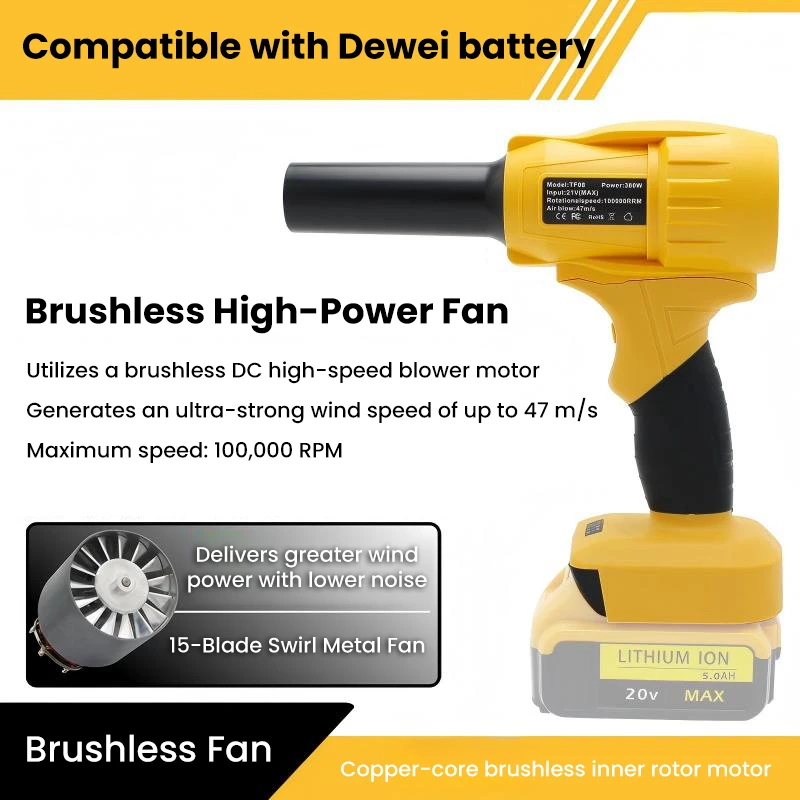 

Портативная мощная бесщеточная воздуходувка для улицы, 100000 об/мин, высокоскоростная, аккумулятор в комплект не входит, совместима с электроинструментами Dewalt 20В