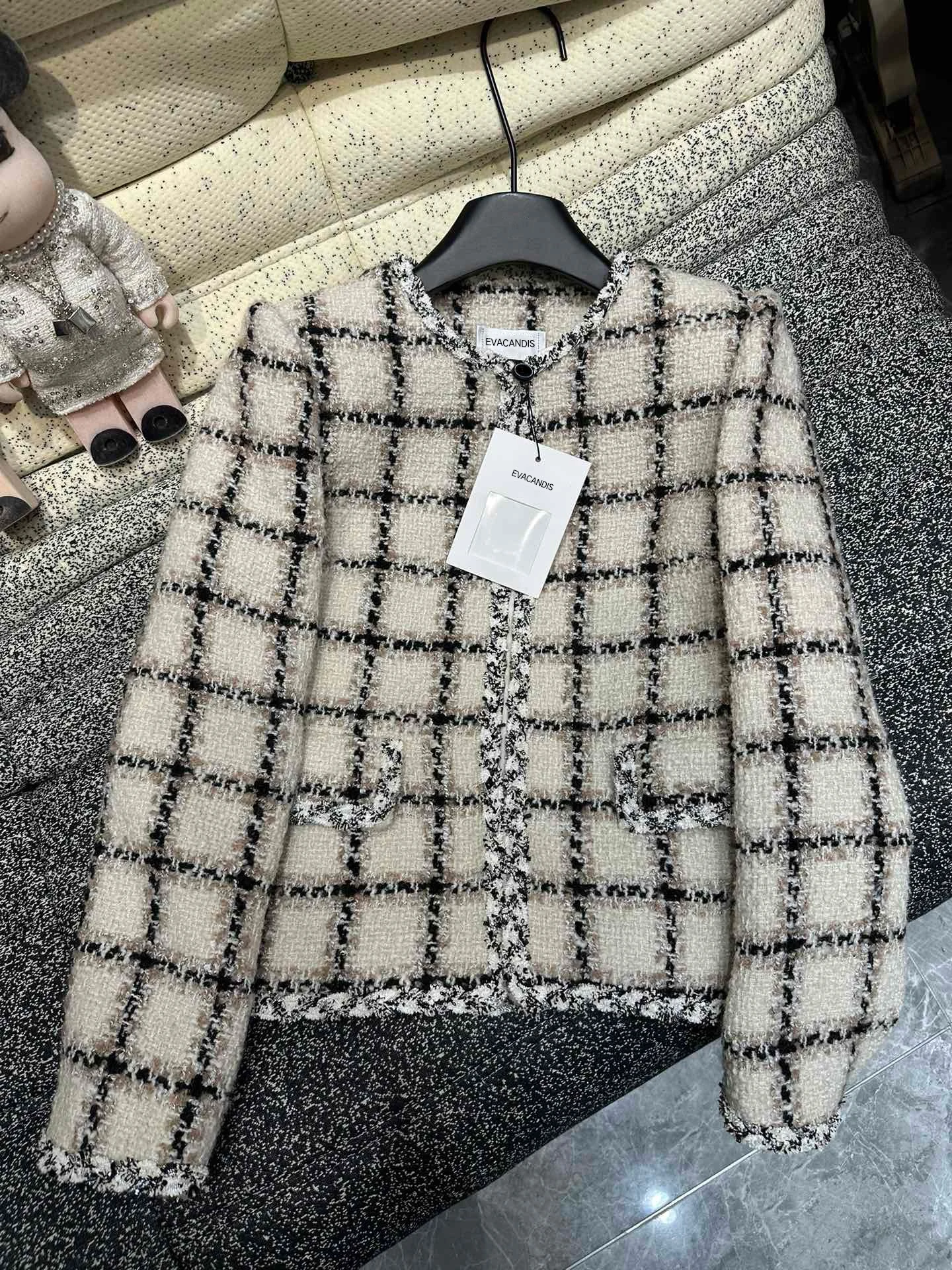 EVACANDIS Women New O-Neck Pockets Single Breasted Plaid Coat High Quality Elegant Vintage Chic Office Lady Wool Blended Tops