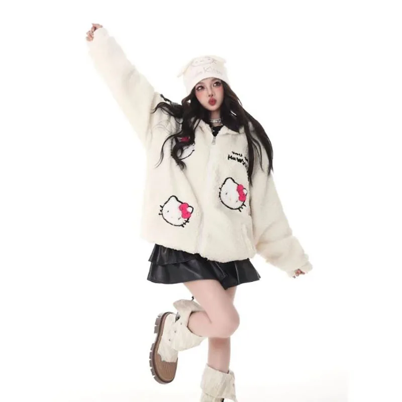 Kawaii Sanrio Hello Kittys Embroidered Coat Autumn Winter Anime Cartoon Cute Warm Cotton-Padded Jacket Girl Christmas Gift Toys