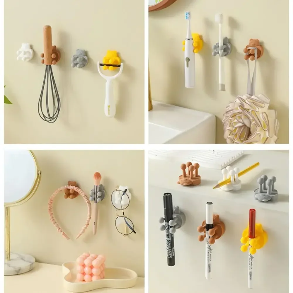 Cute Self Adhesive Toothbrush Holder Wall Mounted Storage Rack Razor Holder Teddy Bear Shape Silicone Shower Hanging Towel Hook