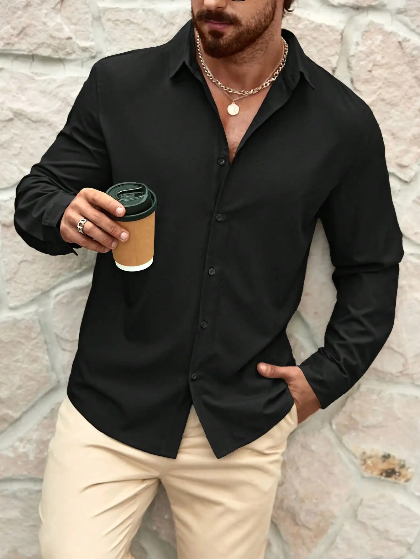 

Men's Solid Black Long Sleeve Single-Breasted Casual Shirt for Fall