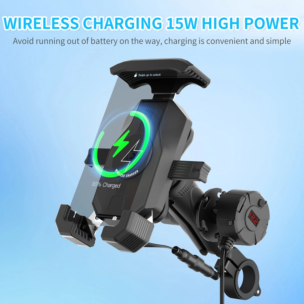 15W Wireless Charging Bike Shock-Proof Mobile Phone Holder Fast Charger Motorcycle Phone Mount Aluminum Alloy for 4-7inch Phones