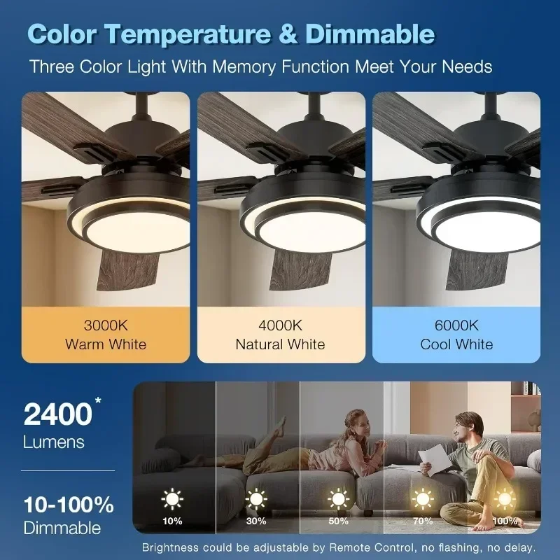 Ventiladores de teto Warmiplanet com luzes e controle remoto, motor DC reversível de 6 velocidades, temporizador de luz regulável de 3 cores, silencioso