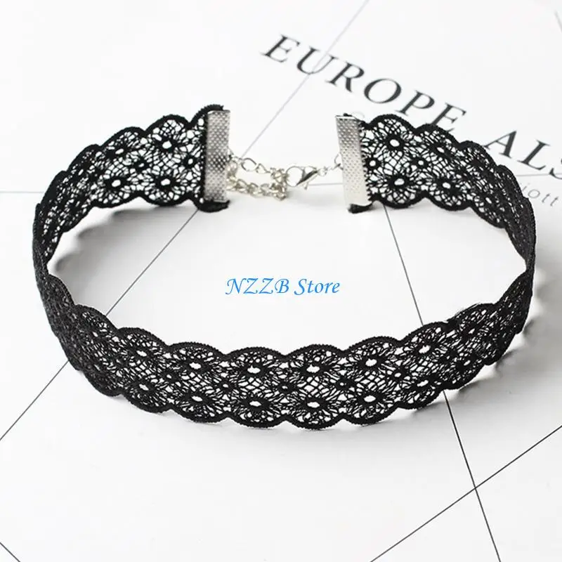 T21F Choker cổ áo Goth Lace Choker Wide Gothic Black Hall