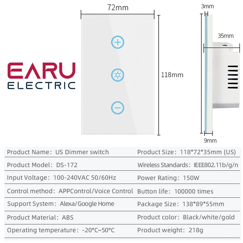 EU US WiFi Smart Glass Panel Wall Touch Switch Dimmer Switch by Smart Life Tuya APP Remote Control for  Alexa Google Home