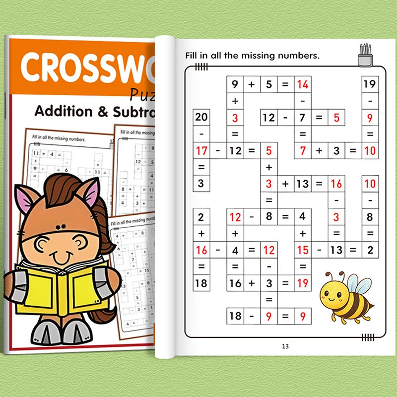 

Fun Math Crossword Workbook, Addition and Subtraction Exercise Pages, Early Education Learning Book for Kids 5-8 Years