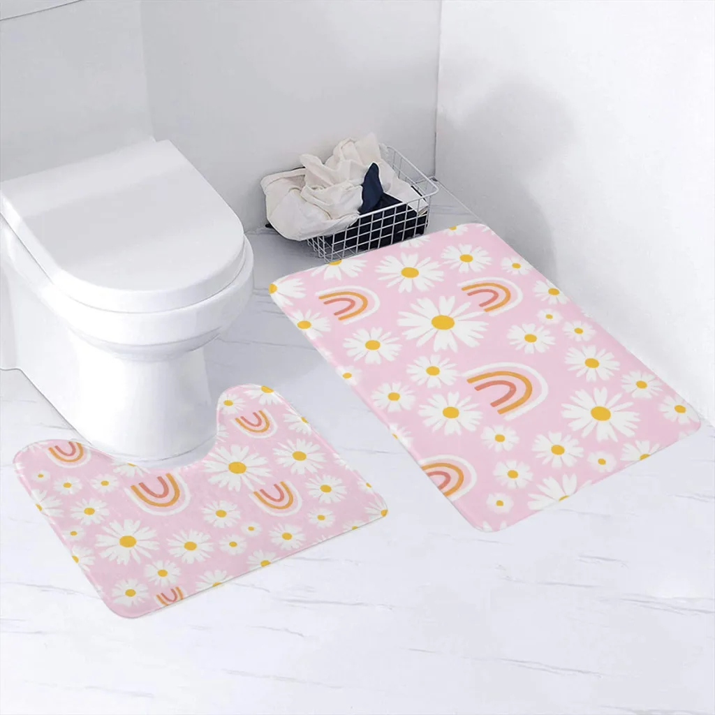 

2 Pieces Bathroom Rug Set (Toilet Mat,Carpet) Daisy Flower And Pink Durable Ultra Soft Non-Slip Washable Absorbent