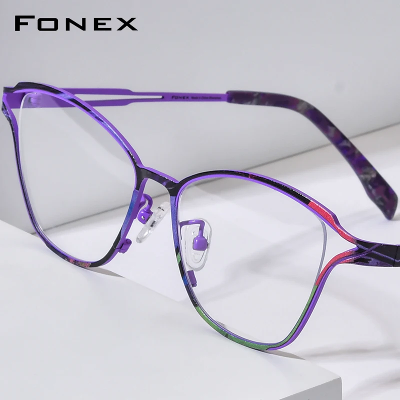 FONEX Pure Titanium Eyeglasses Women Brand Design Retro Cat Eye Glasses Fashion Ultralight Vintage Japanese Eyewear 85922