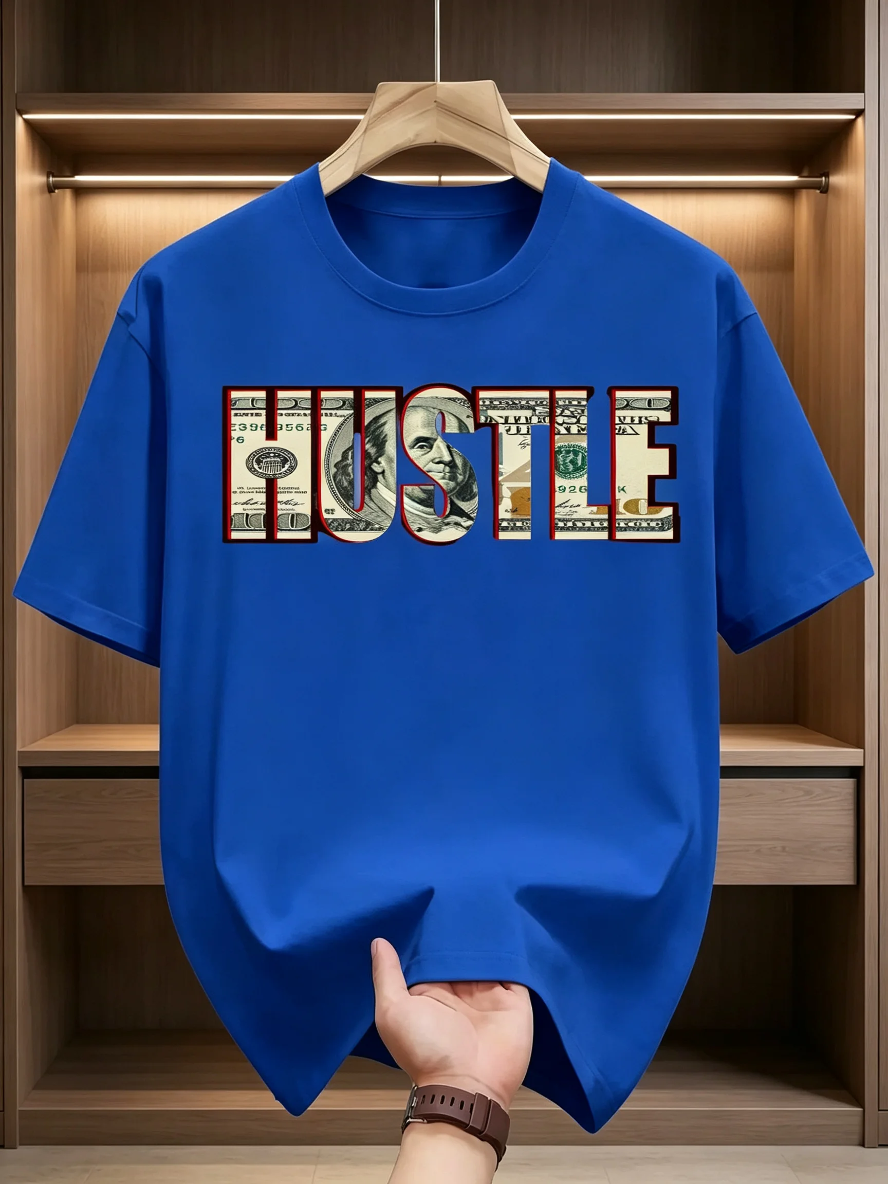 Men's Cotton Crew Neck Short Sleeve T‑Shirt With 'HUSTLE' Banknote Print, Casual Daily Hiking Wear Versatile Graphic Top