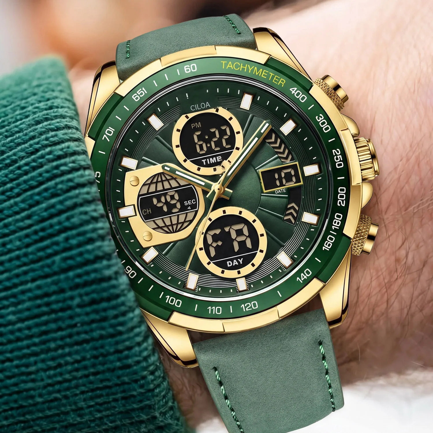 Men Dual Display Digital Analog Watch Green Suede Leather Strap Tachymeter Bezel Waterproof Military Outdoor Multifunctional Sports Quartz Wristwatch for Men