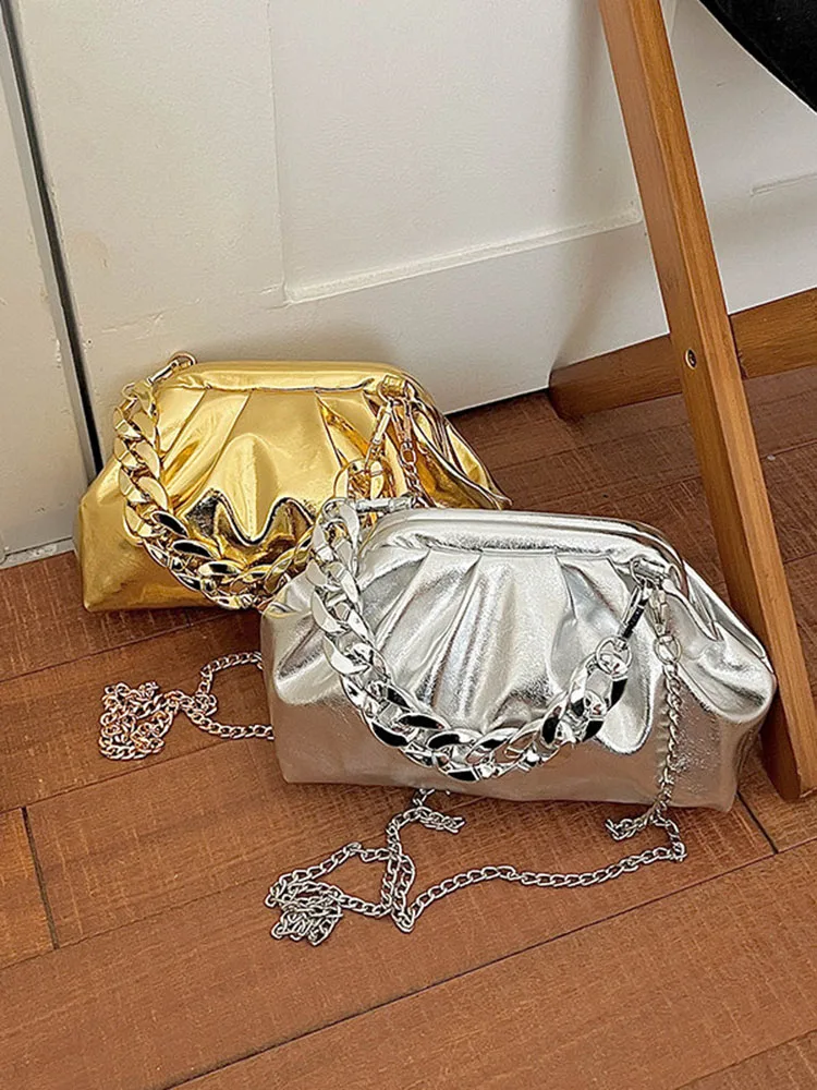 Light Luxury Pleated Design Women's Banquet Bags Simple High End Texture Chains Messenger Bag Fashionable Trend Casual Handbags