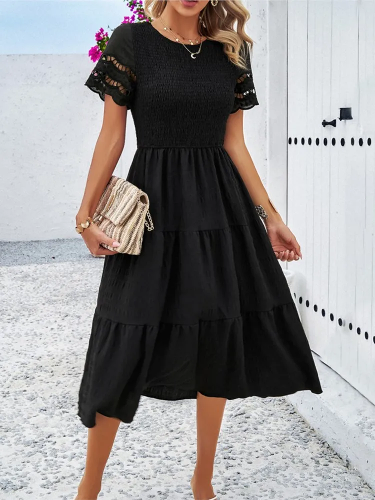 

Summer Simple Commuting Solid Color Temperament Hollow Dress Women's Comfortable And Elegant Waisted Short-sleeved Dresses