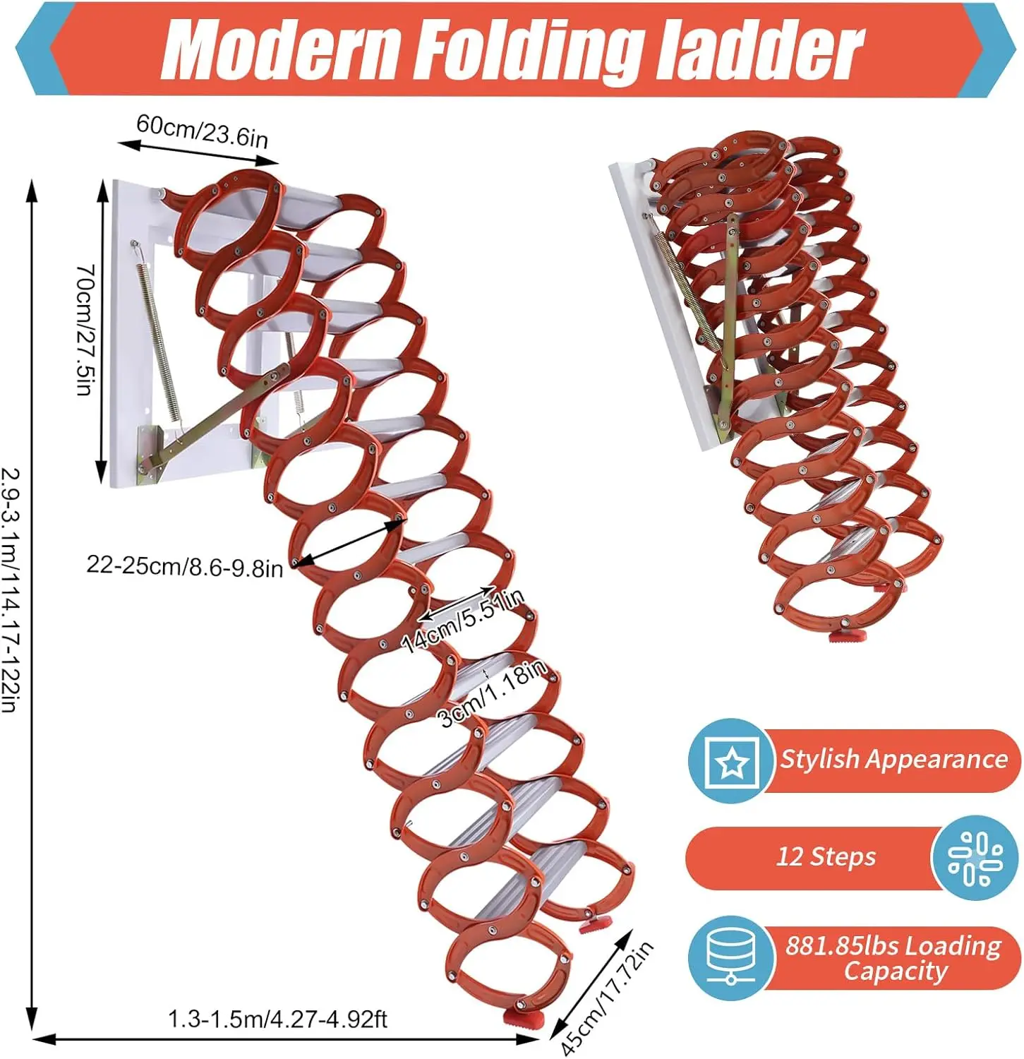 12 Steps Pull Down Attic Stairs, 881.85 Lbs Alloy Attic Access Ladder, 5.51In Pedals Pulldown Attic Stairs, Wall Mounted