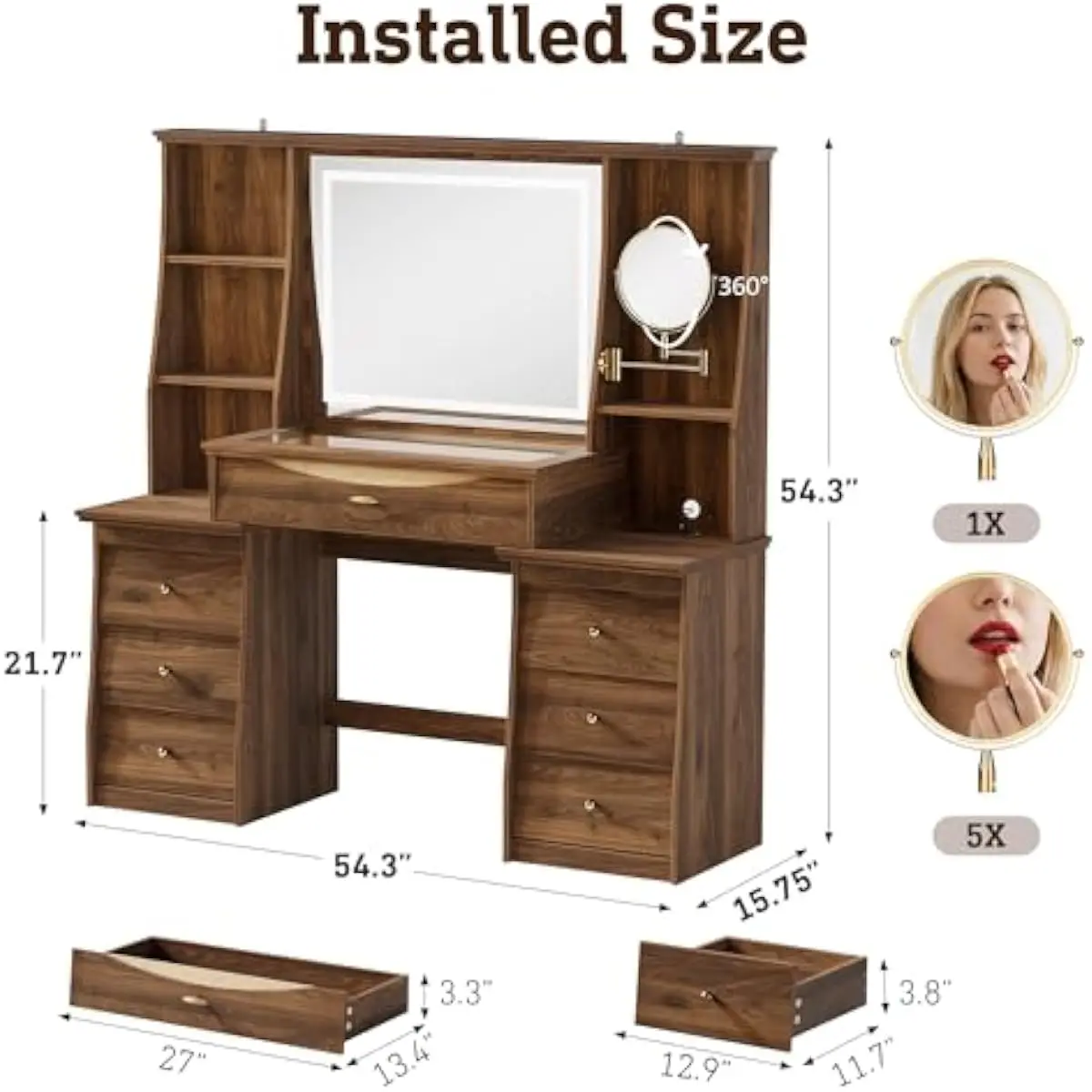 Makeup Vanity Desk with Adjustable LED Mirror 3 Light Modes 5x Magnifying Flip Mirror Glass Top Walnut Finish 7 Drawers 3 Open S