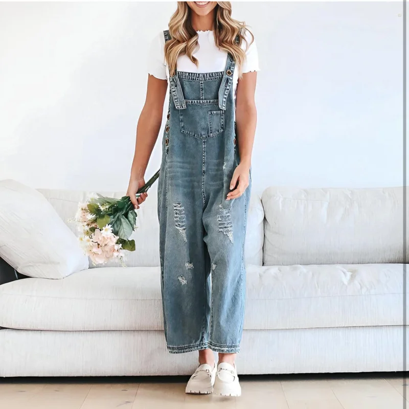 

Fashion Retro Make Old Ripped Loose Wide Leg Comfortable Leisure Suspender Suspender Pants Women