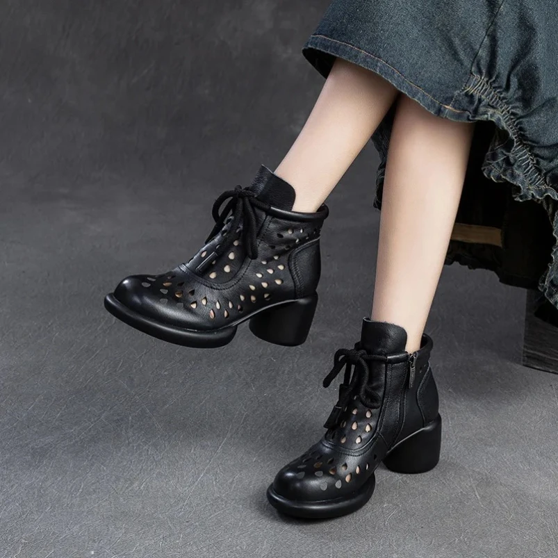 

2025 дышащие полые ботинки в стиле ретро, весна-лето, новые сандалии из натуральной кожи, модная женская обувь на высоком каблуке