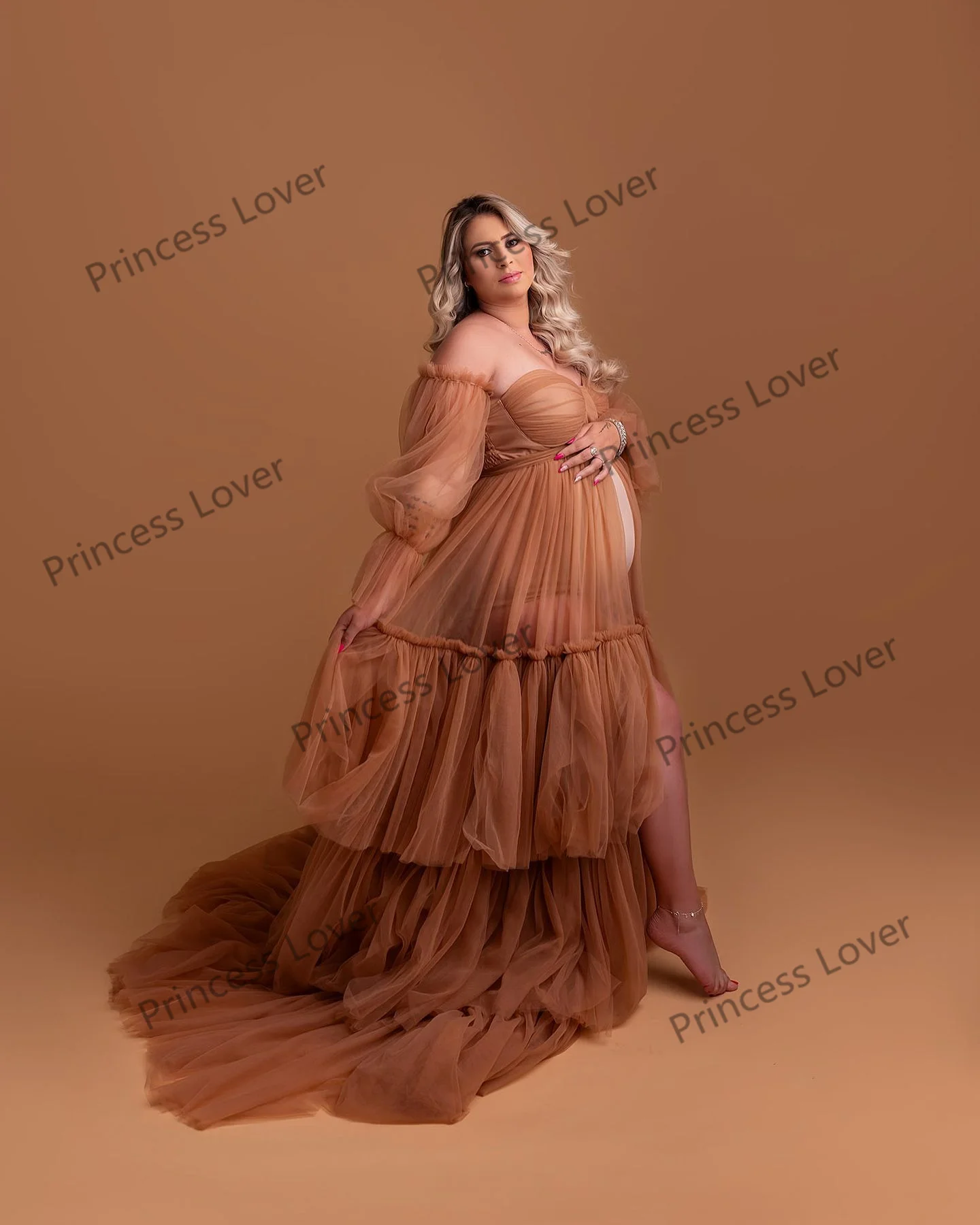 Brown Prom Dresses Full Sleeves Puff Baby Shower Gowns Boho Floor Length Party Robes Maternity Photography Vestido de Novia