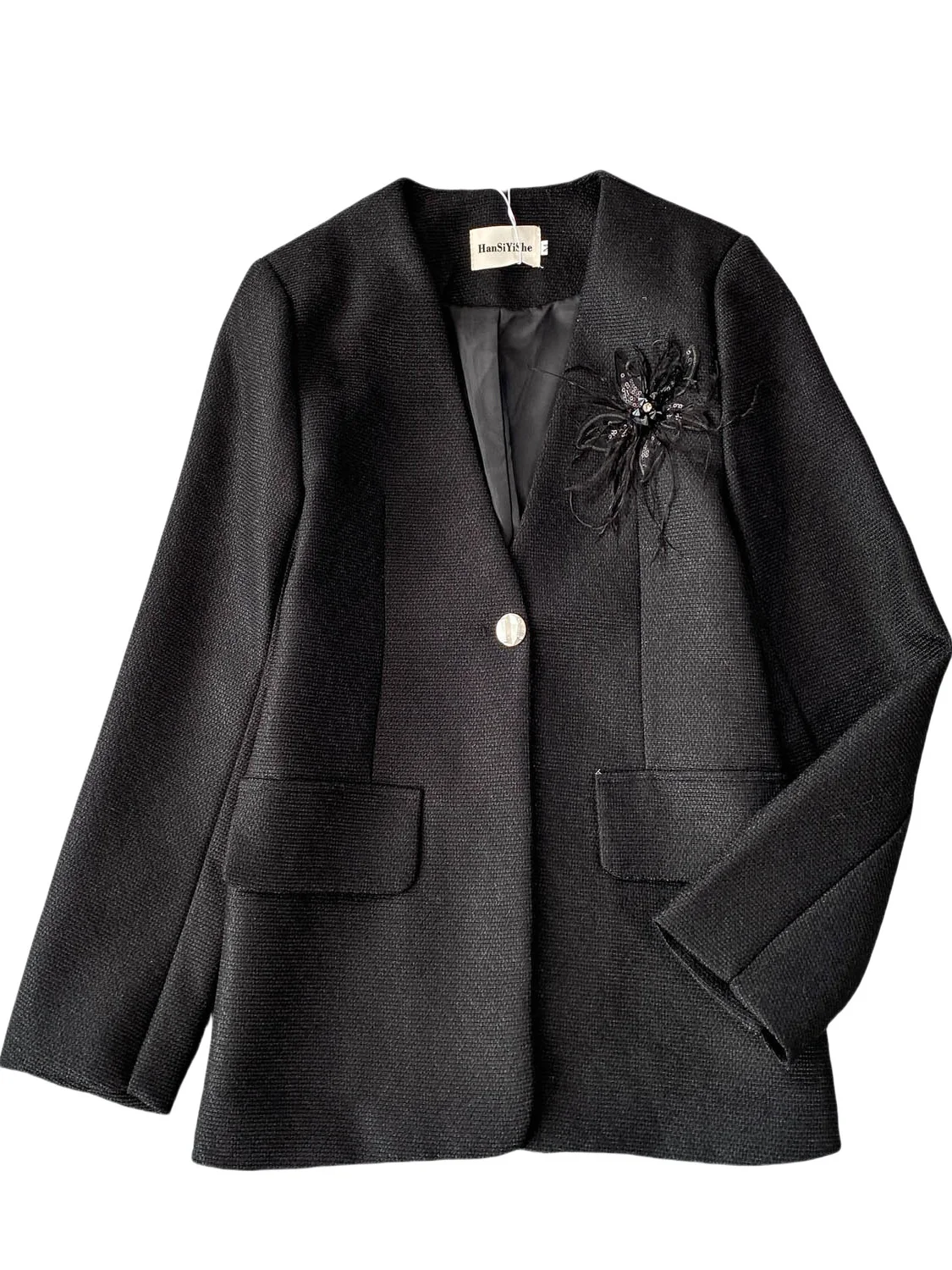 

Ele V-Ne Suit Jaet for Women in Autumn Winter Loose Woolen Casual Outerwear Profional Age-Defng Floral Design