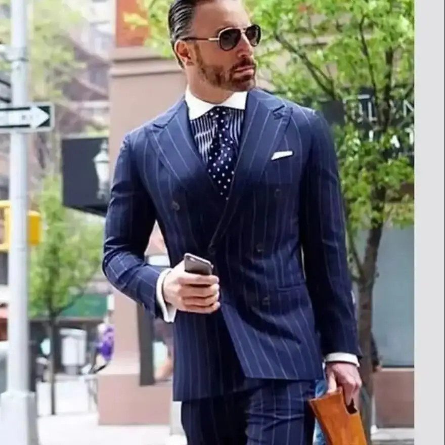 

Классические темно-синие деловые полосатые костюмы для мужчин Slim Fit 2-х предметный смокинг жениха размера плюс Свадебный мужской костюм Блейзер Брюки Комплекты Мужской