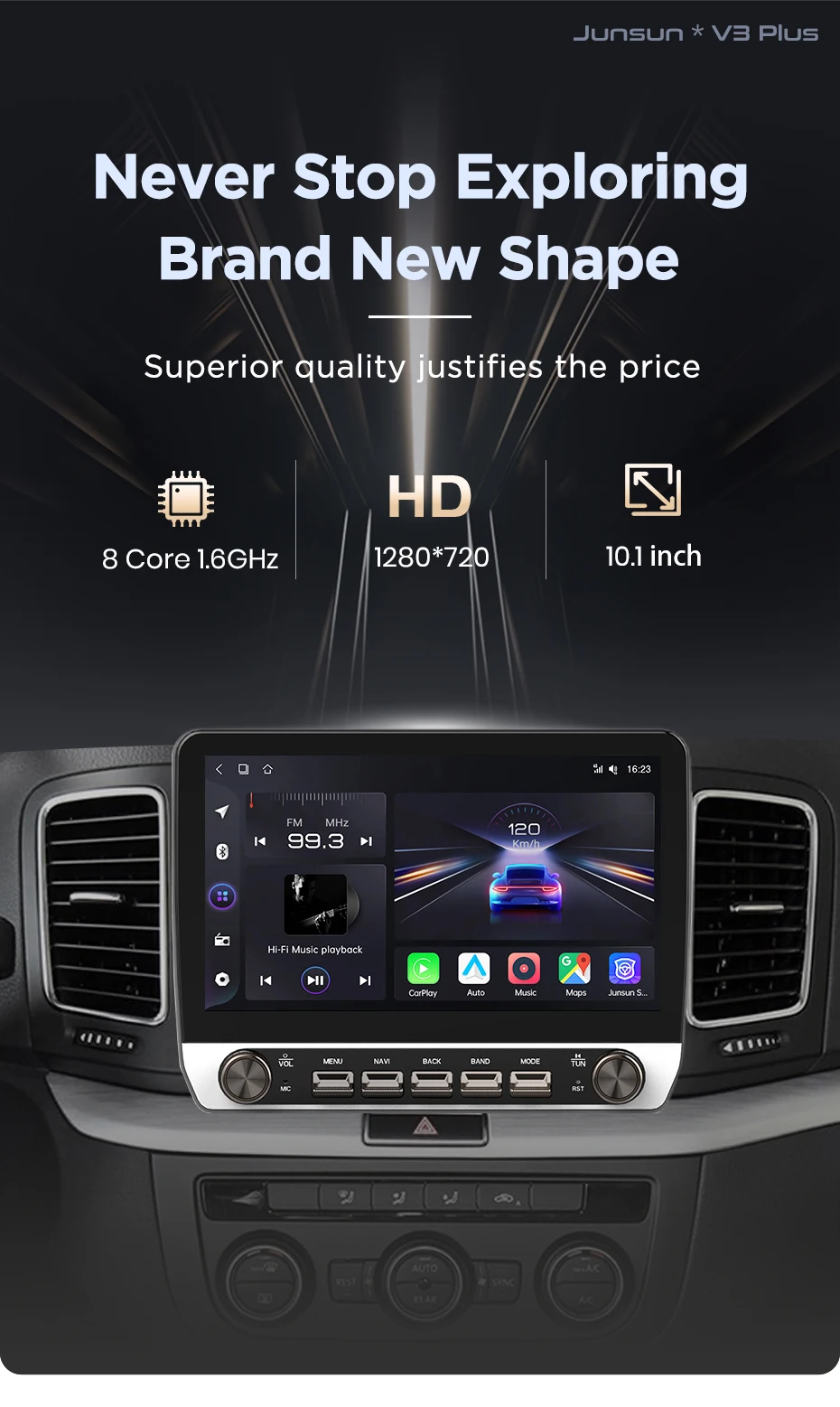 Junsun 10,1 Zoll Tasten Drahtloses Carplay Android Auto Autoradio für Volkswagen Sharan 2012 2013 2014–2018 Bluetooth GPS Navi 4G DSP – Detail 3
