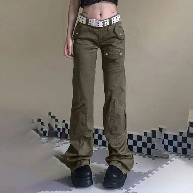 Jeans taille basse pour femmes Vintage Y2K mode rétro américaine pantalon évasé avec multi-poches décontracté fjS-XL Cargo pantalon femme