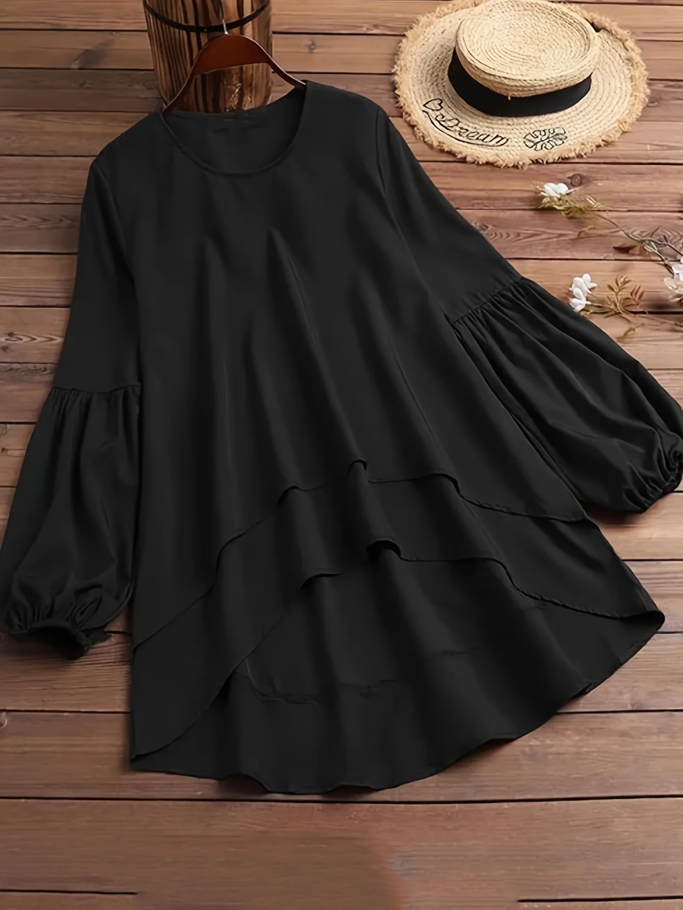 Plus Size Women's Fashion Round Neck Long Sleeved Simple Solid Color Blouse Lantern Sleeves Loose Casual Commuting Blouse