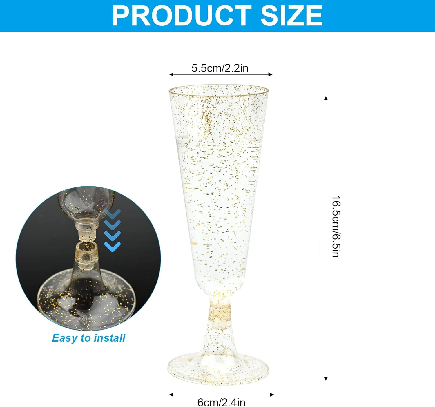 50/25 Gold Glitter Plastic Champagne Flutes 5oz Clear Plastic Toasting Glasses, Mimosa Glasses, Cocktail Cups,Champagne Glasses