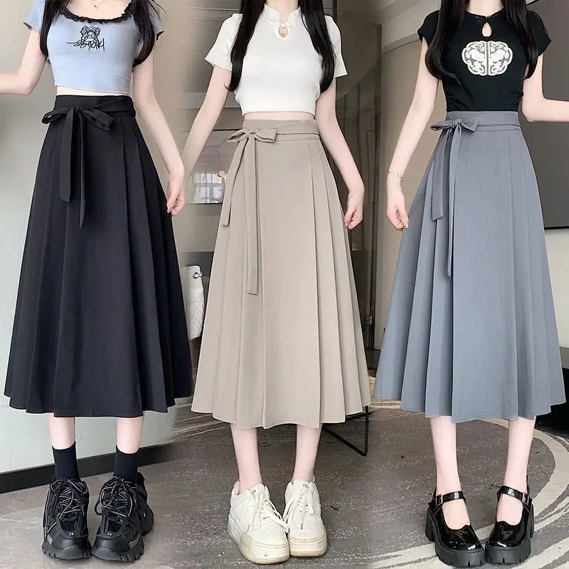 Spring Summer New Style Thin Belt High Waist Slimming Long Skirt Midi Dress Elegant Oversized Hemline Half-length Fashionable