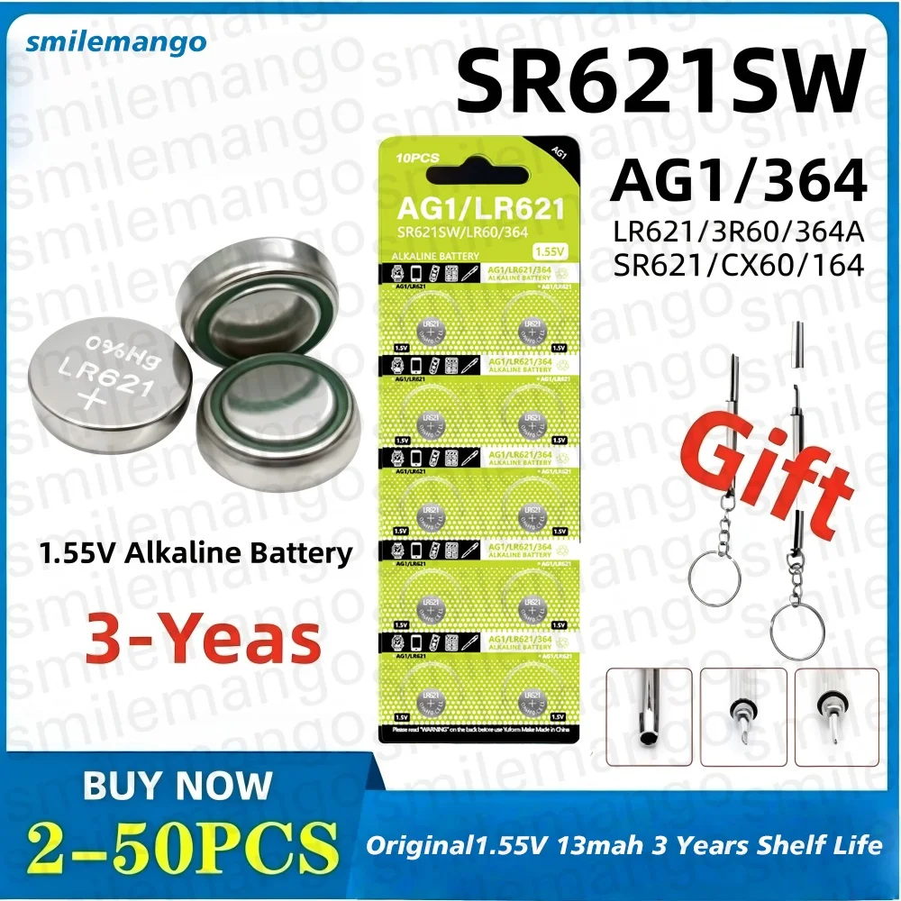 LR621 AG1 1.55V Alkaline Button Battery, SR621SW 364 164 SR60 363 621 SR621 L621 CX60 Coin Cell for Watch Clock Remote