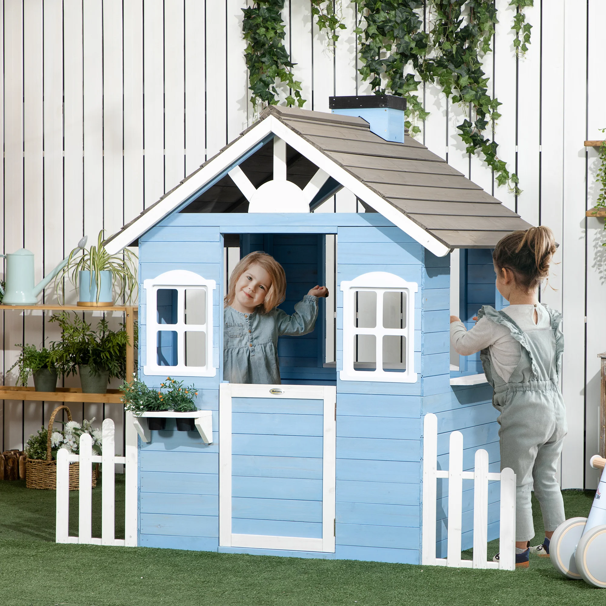 Outsunny Casita Infantil de Madera con Puerta Ventanas Macetas 151x112,5x142 cm