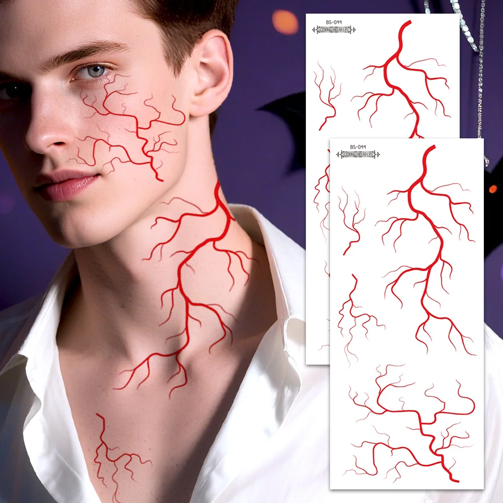 Realistic Vein Lightning Tattoos 2Sheets - Black and Red  Halloween Body Art Stickers for Men & Women Costume Makeup