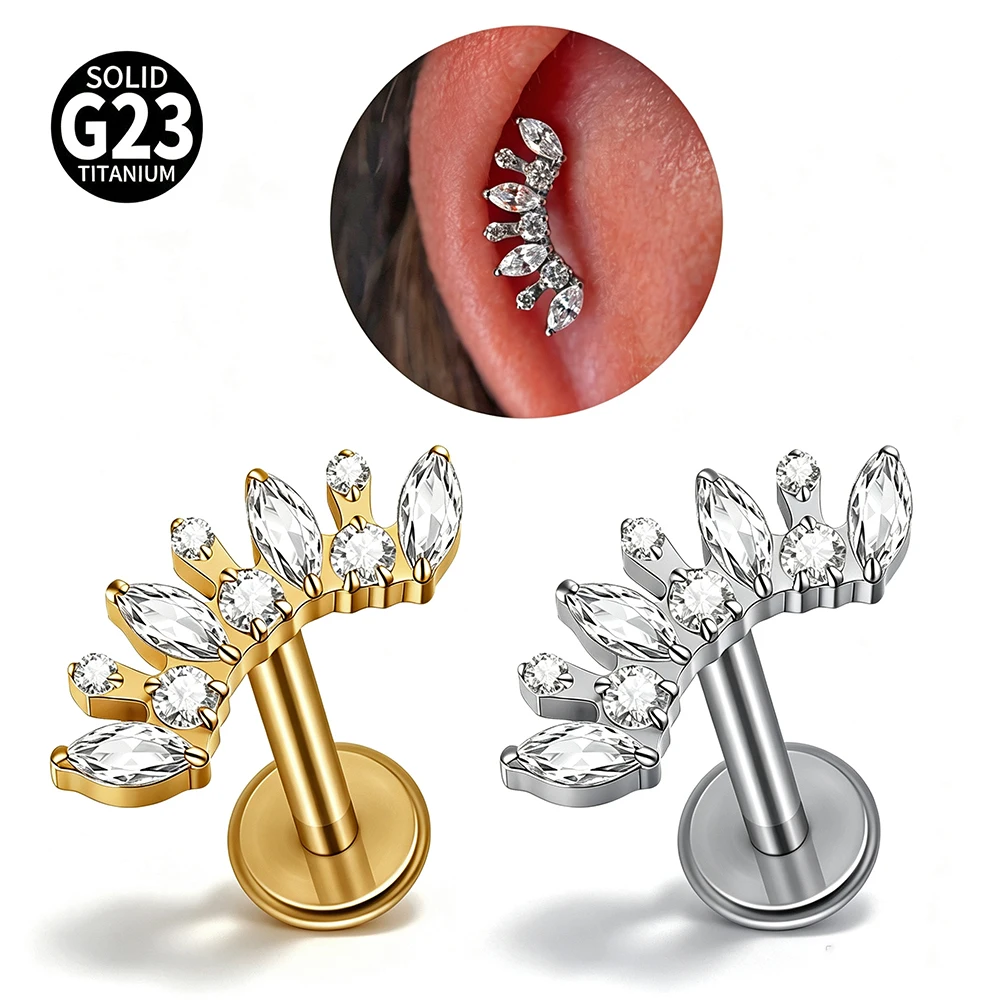 1PC G23 Titanium Marquise Zircon Labret Lip Ring Internal Thread Tragus Helix Conch Flat Earrings Body Piercing Jewelry 16G