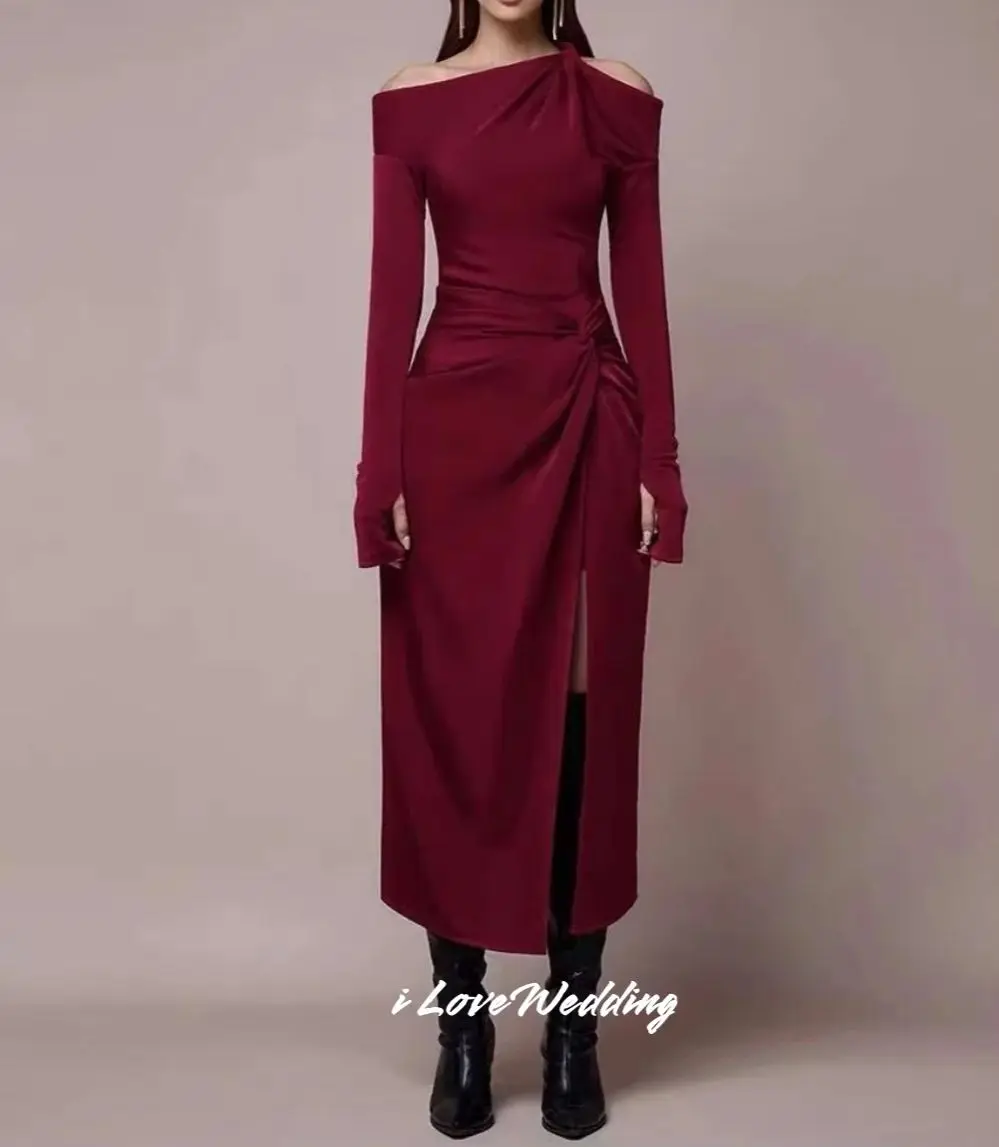 

Burgundy Prom Dress 2025 Long Sleeve Pleated Mermaid Tea-length Side Split Irregular Skew Collar Wedding Party Dress Customized