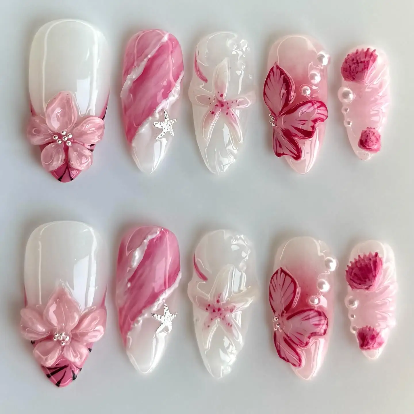 

10pcs Fake Nail Handmade Pink 3D Flower Sea Press ons Nails Hand Made Pressons Short Medium Almond Nail Homemade Press on Nails