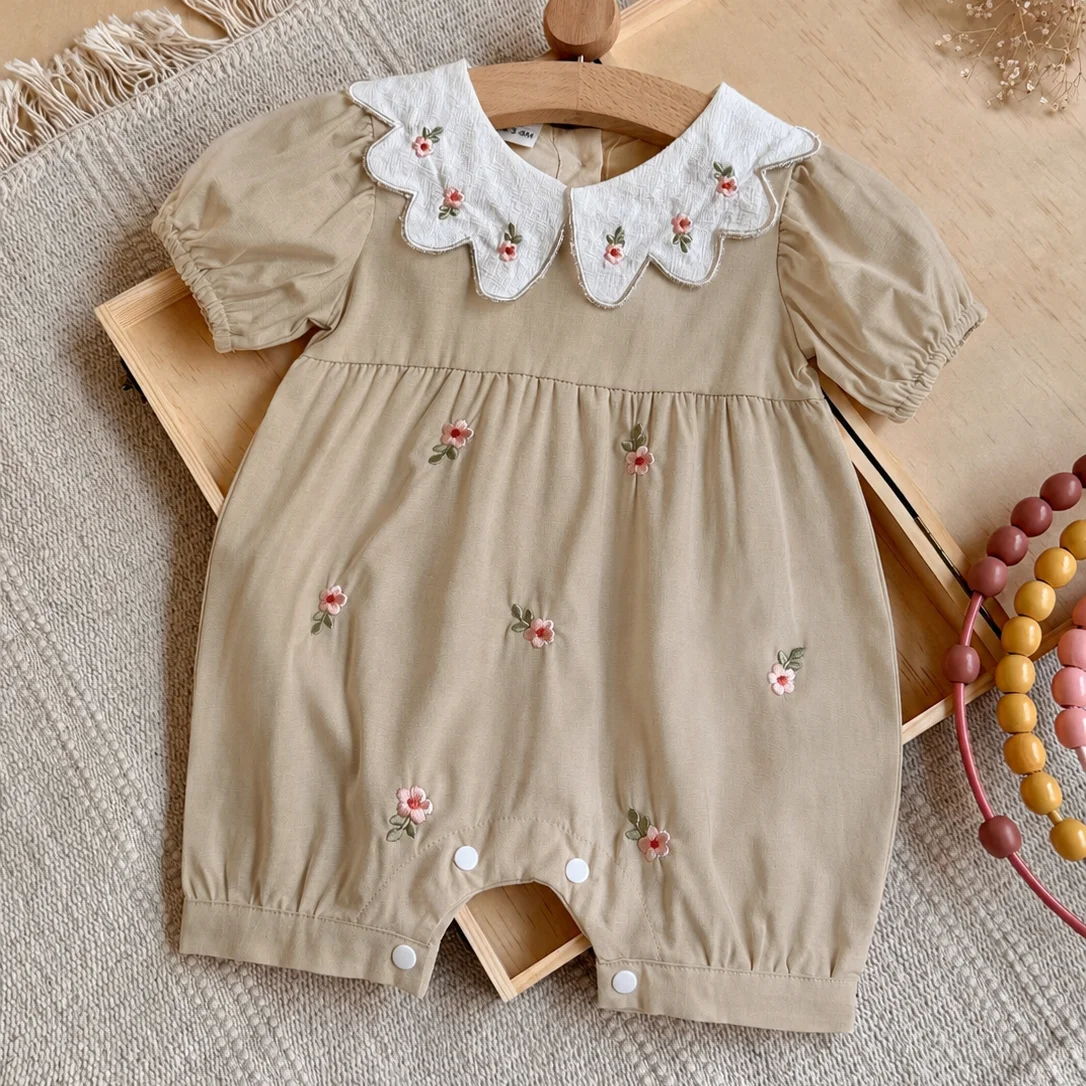 3-24M Summer Baby Girls Cotton Peter Pan Leading Embroidered Rompers Puff Sleeve Flower Embroidery Jumpsuits
