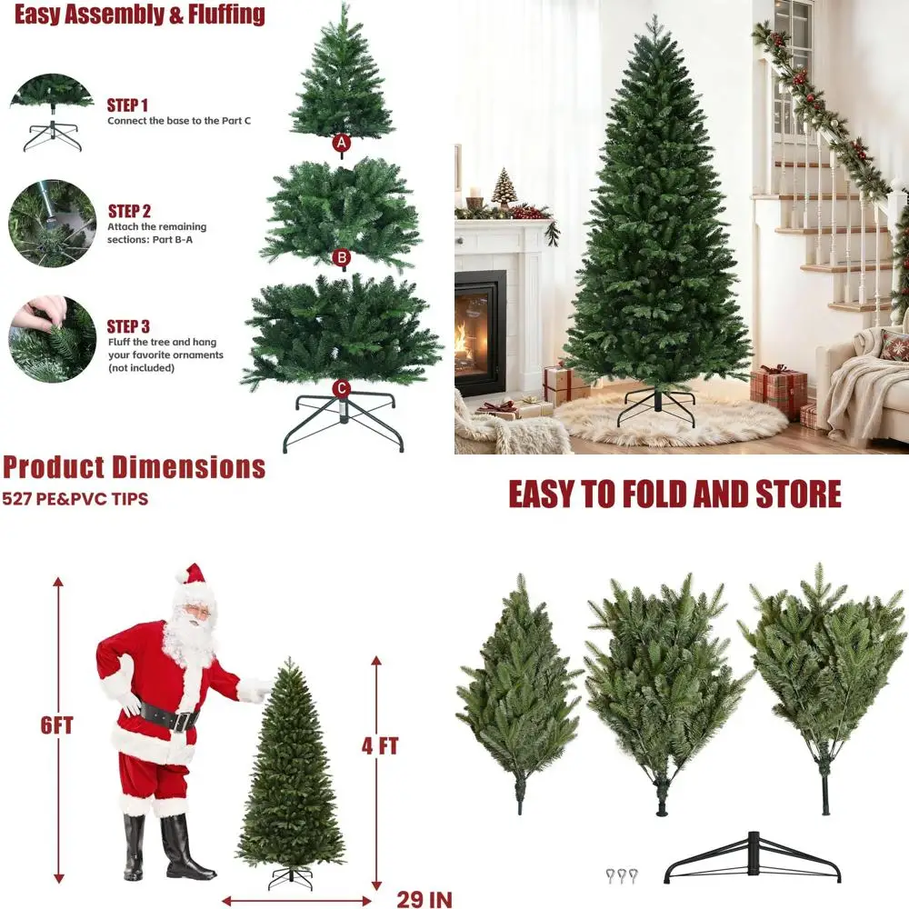 

Slim Unlit Artificial Christmas Tree for Small Spaces, Real Touch PE/PVC Needles, Easy Assembly Hinged Design with Foldable Base