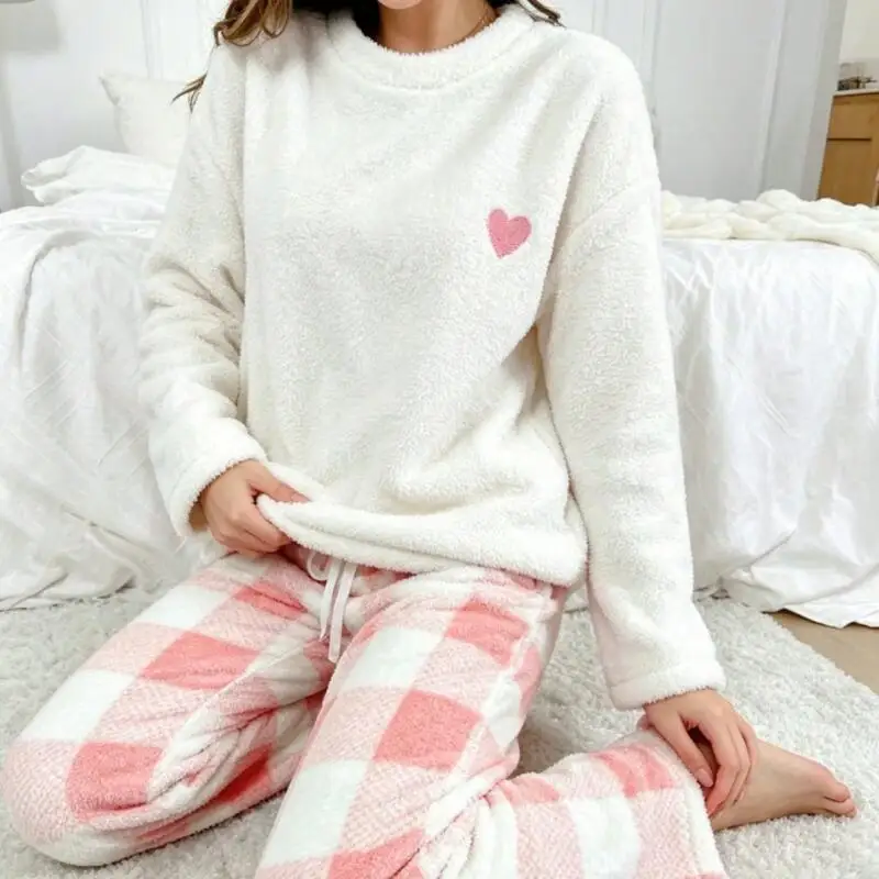 Embroidery Heart Homewear Long Sleeve Home Clothes Loungewear Casual Winter Autumn Sleepwear 2Pcs Flannel Shirt&pants Nightwear